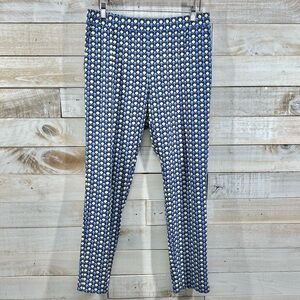 J McLaughlin Pants Womens Medium Lemon Print Blue Yellow Pull On Stretch Elastic